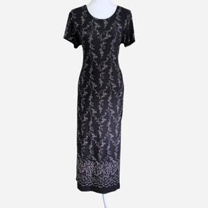 1990s Black Rose Border Print Stretch Maxi Dress S/M